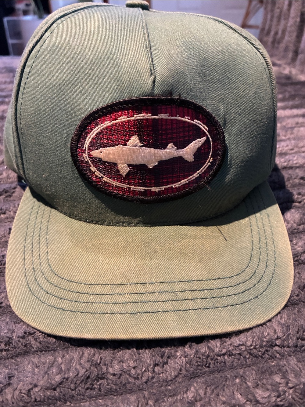 Woolrich Green Hat with Red Plaid Fish Patch